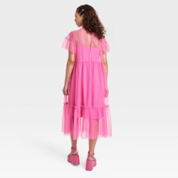 NEW Adult Short Sleeve Tulle A-Line Dress • Barbie Pink - Picture 2 of 5